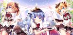 3girls :d ;q blonde_hair blue_eyes blue_hair bowl coffee_cup commentary_request confetti cup disposable_cup eyebrows_visible_through_hair frilled_skirt frills gochuumon_wa_usagi_desu_ka? hair_between_eyes hat hoto_cocoa in_bowl in_container index_finger_raised kafuu_chino kirima_sharo long_hair looking_at_viewer multiple_girls one_eye_closed open_mouth puffy_short_sleeves puffy_sleeves red_neckwear sasai_saji short_hair short_shorts short_sleeves shorts skirt smile spoon tippy_(gochiusa) tongue tongue_out twintails uneven_twintails uniform violet_eyes waitress wrist_cuffs 
