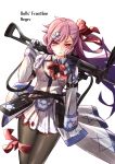  1girl absurdres arm_strap bangs black_legwear blood bloody_clothes bow braid breasts collared_jacket eyebrows_visible_through_hair girls_frontline gloves gun hair_between_eyes hair_bow hair_ornament hair_ribbon hairclip hexagram highres holding holding_gun holding_weapon imi_negev israel jacket leg_ribbon long_hair looking_at_viewer machine_gun medium_breasts mid-stride military military_uniform neck_ribbon negev_(girls_frontline) one_side_up pantyhose pink_hair pouch red_bow red_eyes red_ribbon ribbon satanfang sidelocks simple_background skirt solo star_of_david strap torn_clothes torn_skirt uniform walking weapon white_gloves white_skirt 
