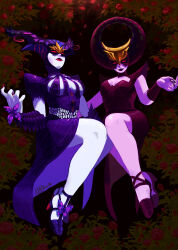  2girls bare_legs bayonetta_(series) capshino demon_girl dress flower high_heels highres looking_at_viewer madama_butterfly madama_styx_(bayonetta) multiple_girls purple_dress purple_footwear red_dress red_eyes red_flower red_footwear red_lips red_rose rose sitting smile 