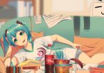  1girl aqua_eyes aqua_hair arm_support bangs bilibili_douga blurry book chopsticks coca-cola couch depth_of_field eahi hatsune_miku instant_ramen lying on_side open_mouth shirt solo t-shirt twintails vocaloid 