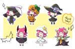  6+girls bat candy chibi closed_eyes closed_mouth dango_2go demon_horns demon_tail dress fa facial_mark fang fire_emblem fire_emblem:_fuuin_no_tsurugi fire_emblem_heroes food forehead_mark halloween_basket halloween_costume hat highres horns jack-o&#039;-lantern jiangshi long_sleeves mamkute multiple_girls multiple_persona nintendo ofuda open_clothes open_mouth open_robe outstretched_arms pointy_ears pumpkin_hat purple_hair robe short_hair sleeves_past_fingers sleeves_past_wrists spread_arms star tail white_hat witch_hat 
