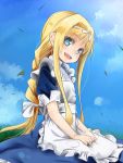  1girl :d akino_shuu alice_schuberg apron blonde_hair blue_eyes blue_shirt blue_skirt blue_sky day eyebrows_visible_through_hair floating_hair frilled_apron frills hair_ribbon long_hair long_skirt looking_at_viewer open_mouth outdoors ribbon shirt short_sleeves sidelocks skirt sky smile solo sword_art_online very_long_hair white_apron white_ribbon 