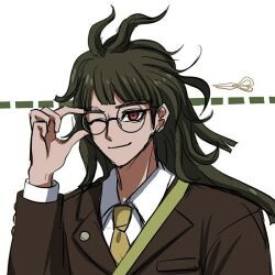  1boy adjusting_eyewear alternate_hairstyle bag blazer blunt_bangs brown_jacket closed_mouth collared_jacket collared_shirt danganronpa_(series) danganronpa_v3:_killing_harmony dark-skinned_male dark_skin dotted_line eyelashes glasses gokuhara_gonta green_hair green_necktie hand_on_eyewear happy jacket lapel_pin lapels layered_sleeves long_hair long_sleeves looking_at_viewer male_focus messy_hair necktie nguyen_quynh_chi notched_lapels one_eye_closed pocket red_eyes round_eyewear scissors shirt shoulder_bag smile solo thick_eyebrows third-party_source upper_body very_long_hair white_background white_shirt 