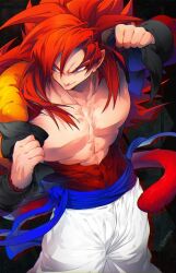  1boy abs blue_eyes blue_sash blue_wristband body_fur closed_mouth dougi dragon_ball dragon_ball_gt gogeta long_hair male_focus metamoran_vest monkey_boy monkey_tail muscular muscular_male no_nipples ommmyoh pants pectorals red_fur redhead saiyan sash smile solo spiky_hair super_saiyan super_saiyan_4 tail twitter_username white_pants 