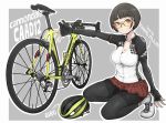  1girl bangs bicycle bicycle_helmet bike_jersey bike_shorts black_gloves black_shorts blunt_bangs bob_cut brown_eyes brown_hair closed_mouth double_horizontal_stripe fingerless_gloves gesture gloves grey-framed_eyewear grey_background ground_vehicle helmet ina_(gokihoihoi) kneeling legs logo long_sleeves looking_at_viewer miniskirt original outside_border pantyhose plaid plaid_skirt pleated_skirt red_skirt shirt shoes short_hair short_over_long_sleeves short_sleeves shorts shorts_under_skirt skirt smile socks solo sunglasses white_footwear white_legwear white_shirt yellow-tinted_eyewear 