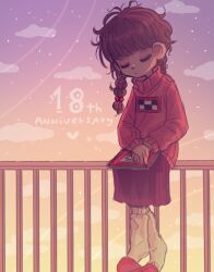  1girl anniversary braid brown_hair closed_eyes closed_mouth commentary english_commentary holding linterteatime long_hair long_sleeves madotsuki pink_shirt pink_sweater shirt skirt socks solo sweater turtleneck twin_braids twintails yume_nikki 