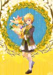  1boy :d artist_name balloon blonde_hair brown_footwear colornix dated flower lily_of_the_valley looking_at_viewer male_focus open_mouth original penny_loafers personification shorts smile violet_eyes white_legwear wreath yellow_background yellow_flower 