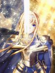  1girl alice_schuberg armor armored_dress blonde_hair blue_cape blue_eyes cape edwordkevin floating_hair gauntlets hairband highres holding holding_sword holding_weapon long_hair looking_at_viewer shoulder_armor solo spaulders standing sword sword_art_online very_long_hair weapon white_hairband 