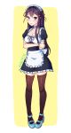 1girl alternate_costume apron breasts brown_legwear cleavage collarbone commentary cryingrobot doki_doki_literature_club english_commentary enmaided eyebrows_visible_through_hair full_body hair_ornament hair_ribbon hairclip high_heels highres long_hair maid maid_headdress medium_breasts pink_ribbon puffy_short_sleeves puffy_sleeves purple_hair ribbon ribbon_trim short_sleeves simple_background skindentation solo thigh-highs violet_eyes waist_apron wrist_cuffs yellow_background yuri_(doki_doki_literature_club) zettai_ryouiki 