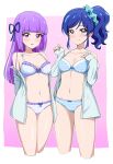  2girls acchi_(koiyimknp) aikatsu! aikatsu!_(series) arms_behind_back bangs bare_shoulders blue_bra blue_eyes blue_hair blue_panties blue_ribbon blue_shirt blunt_bangs blush bra breasts cleavage closed_mouth collarbone cropped_legs eyebrows_visible_through_hair frilled_bra frills hair_ornament hair_ribbon hair_scrunchie hand_on_own_chest hands_up heart highres hikami_sumire kiriya_aoi long_hair long_sleeves looking_at_viewer medium_breasts multiple_girls navel off_shoulder open_clothes open_shirt panties parted_lips pink_background purple_hair ribbon ribbon_bra ribbon_panties scrunchie shirt sidelocks simple_background sleeves_past_wrists smile stomach straight_hair striped striped_bra striped_panties sweatdrop swept_bangs thighs underwear violet_eyes white_bra 