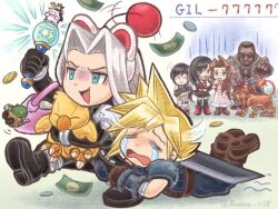  aerith_gainsborough blonde_hair blue_eyes character_request chibi chibi_only cloud_strife coin crying dark-skinned_male dark_skin final_fantasy final_fantasy_vii gloves green_eyes hallucination money open_mouth pale_skin sephiroth suruga_kanade tifa_lockhart 