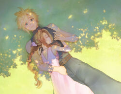  1boy 1girl aerith_gainsborough bare_arms bare_shoulders belt blonde_hair blue_eyes blue_pants blue_shirt braid braided_ponytail brown_belt brown_hair closed_eyes closed_mouth cloud_strife couple dress feet_out_of_frame final_fantasy final_fantasy_vii final_fantasy_vii_rebirth final_fantasy_vii_remake grass hair_between_eyes hair_ribbon hetero holding_hands long_dress long_hair lying multiple_belts on_back pants parted_bangs pink_dress pink_ribbon ribbon shirt short_hair sidelocks single_braid sleeveless sleeveless_dress sleeveless_turtleneck smile spiky_hair tree turtleneck under_tree yahokichi_ma 