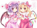  2girls bat_wings blonde_hair blush bow commentary_request dress eyebrows_visible_through_hair flandre_scarlet hat heart highres lavender_hair multiple_girls ramudia_(lamyun) red_bow red_eyes red_neckwear remilia_scarlet short_hair siblings simple_background sisters speech_bubble spoken_blush spoken_heart touhou twitter_username white_background wings yellow_neckwear 