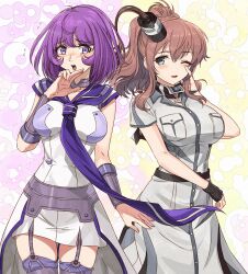  2girls belt blue_eyes breast_pocket breasts brown_hair dress garter_straps gradient_background hair_between_eyes highres kanmiya_shinobu kantai_collection large_breasts lexington_(kancolle) long_hair long_necktie looking_at_viewer medium_hair multiple_girls neckerchief necktie open_mouth pocket ponytail purple_background purple_hair purple_neckerchief purple_necktie purple_sailor_collar purple_thighhighs red_belt red_thighhighs sailor_collar sailor_dress saratoga_(kancolle) saratoga_mk_ii_(kancolle) side_ponytail smile smokestack smokestack_hair_ornament solo thigh-highs violet_eyes white_dress white_overskirt yellow_background 