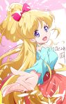  1girl :d aikatsu! aikatsu!_(series) aikatsu_friends! bare_shoulders blonde_hair bow commentary dated dutch_angle foreshortening hair_bow highres kamishiro_karen long_hair long_skirt long_sleeves looking_at_viewer nii_manabu off-shoulder_shirt open_mouth petals reaching_out shirt sidelocks signature skirt smile solo topknot upper_body violet_eyes 