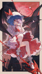  1girl absurdres ascot bare_legs bat_wings black_wings blue_hair border bow building center_frills clock clock_tower closed_mouth collared_shirt commentary_request cross footwear_bow frilled_hat frilled_shirt frilled_shirt_collar frills full_body hat hat_bow highres holding holding_polearm holding_weapon knees_up latin_cross looking_at_viewer maccha_(mochancc) mansion mob_cap moon nail_polish night night_sky petals polearm puffy_short_sleeves puffy_sleeves red_ascot red_bow red_eyes red_moon red_nails remilia_scarlet scarlet_devil_mansion shirt shoes short_hair short_sleeves skirt sky smile socks solo spear_the_gungnir touhou tower two-tone_skirt weapon white_footwear white_hat white_shirt white_skirt white_socks wings wrist_cuffs 