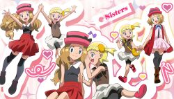  2girls black_thighhighs blonde_hair blue_eyes bonnie_(pokemon) hat heart highres holding long_hair looking_at_viewer multiple_girls noah_(nowlifeyell) open_mouth pokemon pokemon_(anime) pokemon_xy_(anime) red_skirt serena_(pokemon) shirt short_hair side_ponytail skirt sleeveless sleeveless_shirt smile teeth thigh-highs tongue 