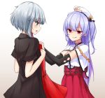  2girls admiral_graf_spee_(azur_lane) ajax_(azur_lane) alternate_costume aqua_hair azur_lane blue_eyes bow capelet commentary_request dress elbow_gloves eyebrows_visible_through_hair gloves grey_hair hair_bow hat holding_dress licking_lips long_hair multiple_girls oshishio red_eyes short_hair short_twintails simple_background tongue tongue_out twintails 