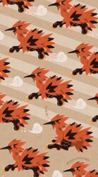  animal_focus brown_background closed_mouth dust full_body galarian_zapdos no_humans open_mouth pokemon pokemon_(creature) running satsumapotato striped_background talons twitter_username yellow_eyes zzz 