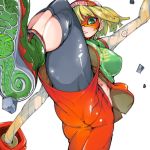  1girl arms_(game) bangs beanie bike_shorts blonde_hair blunt_bangs bob_cut breasts domino_mask fighting_stance food green_eyes green_footwear hat high_tops kamaboko kicking knit_hat large_breasts leg_up looking_at_viewer looking_down mask min_min_(arms) narutomaki navel noodles orange_shorts pom_pom_(clothes) short_hair shorts simple_background soles solo split standing standing_on_one_leg standing_split stomach takayama_toshinori teriyaki white_background 