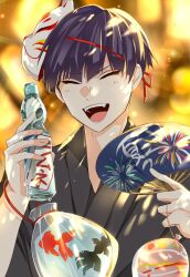  1boy black_kimono blurry blurry_background closed_eyes fangs fish fox_mask hair_between_eyes highres hoshina_soshiro japanese_clothes kaijuu_no._8 kimono male_focus mask mask_on_head open_mouth purple_hair ramune smile summer_festival yaya0506mee 