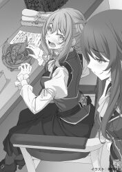  2girls breasts goblin_slayer! goblin_slayer_year_one! guild_girl_(goblin_slayer!) high_heels inspector_(goblin_slayer!) kannatsuki_noboru long_hair long_sleeves looking_at_another medium_breasts medium_hair monochrome multiple_girls office_lady official_art on_chair open_mouth pencil_skirt puffy_long_sleeves puffy_sleeves scroll shirt sitting skirt smile smug surprised table vest 