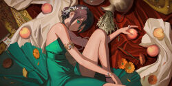  1girl absurdres alternate_costume armlet bare_shoulders black_hair chainsaw_man closed_mouth commentary dress english_commentary flower food formal fruit green_dress green_eyes hair_between_eyes hair_flower hair_ornament highres jewelry kiunchiku looking_at_viewer lying necklace orange_flower pearl_necklace reze_(chainsaw_man) short_hair smile solo strapless strapless_dress thighs vase white_flower 