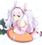  1girl animal_ears azur_lane commentary_request crown eyebrows_visible_through_hair fake_animal_ears fur-trimmed_jacket fur_trim hair_between_eyes hair_ribbon hairband highres ikomochi jacket laffey_(azur_lane) looking_at_viewer lying mini_crown off_shoulder on_stomach open_clothes open_jacket pink_jacket rabbit_ears red_hairband red_skirt ribbon silver_hair skirt strap_slip twintails white_camisole white_legwear 