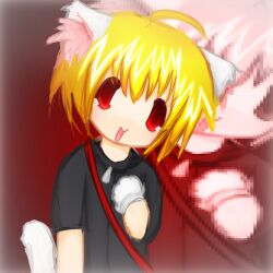  1girl 2000s_(style) animal_ears blush highres open_mouth red_eyes short_hair simple_background skirt smile solo tail ukagaka 