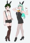  2girls :d alternate_costume animal_ears ascot bangs black_dress black_legwear black_shorts breasts brown_legwear bunny_girl commentary_request cuffs dress fake_animal_ears film_grain flat_chest full_body green_eyes green_hair grey_background hair_ornament hairclip high_heels kantai_collection light_green_hair long_hair looking_at_viewer medium_breasts midriff mogami_(kantai_collection) multiple_girls navel ojipon open_mouth rabbit_ears short_hair shorts simple_background sleeveless sleeveless_dress smile suspenders suspenders_pull suzuya_(kantai_collection) swept_bangs thigh-highs 