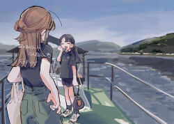  2girls absurdres bag black_hair black_shirt black_shorts black_socks boat brown_hair closed_eyes day green_shorts hair_bun highres holding holding_bag long_hair multiple_girls open_mouth original outdoors pants ponytail shirt shoes short_sleeves shorts sky sneakers socks standing water watercraft white_footwear yunoki_itsugu 