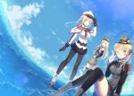  3girls ;) bismarck_(kantai_collection) black_gloves black_legwear black_skirt blonde_hair blue_eyes blue_sky breasts capelet clouds covered_navel day dutch_angle gloves graf_zeppelin_(kantai_collection) grey_hat grey_legwear hand_on_hip highres index_finger_raised jacket kantai_collection katee large_breasts long_hair looking_at_viewer miniskirt multiple_girls necktie ocean one_eye_closed outdoors pantyhose pleated_skirt prinz_eugen_(kantai_collection) short_necktie skirt sky smile thigh-highs twintails white_capelet white_gloves white_jacket 