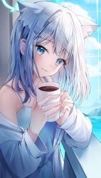  1girl absurdres alternate_costume animal_ear_fluff animal_ears bare_shoulders blue_archive blue_camisole blue_eyes blue_halo blue_sky blush bright_pupils camisole closed_mouth clouds commentary cup day doka_l grey_hair grey_jacket hair_ornament halo head_tilt highres holding holding_cup jacket light_smile long_sleeves looking_at_viewer medium_bangs medium_hair mismatched_pupils mug off_shoulder open_clothes open_jacket outdoors pyramid_(structure) shiroko_(blue_archive) sky solo upper_body wolf_ears wolf_girl 