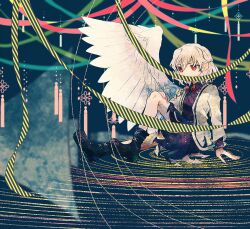  1girl black_footwear boots feathered_wings grey_hair highres itomugi-kun jacket kishin_sagume long_sleeves purple_skirt red_eyes short_hair single_wing sitting skirt solo touhou white_wings wings 