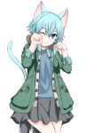  1girl ;d animal_ears black_ribbon blue_eyes blue_hair blue_shirt cat_ears cat_tail coat eyebrows_visible_through_hair green_coat grey_skirt hair_between_eyes hair_ribbon leg_up miniskirt natsuzakura_yuuki one_eye_closed open_clothes open_coat open_mouth paw_pose ribbon shinon_(sao-alo) shirt short_hair_with_long_locks sidelocks simple_background skirt smile solo standing standing_on_one_leg sword_art_online tail white_background 