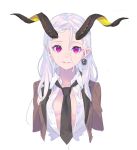  1girl breasts collared_shirt earrings forehead highres horns jewelry looking_at_viewer nagisa_kurousagi necktie open_clothes original pointy_ears shirt smile solo violet_eyes white_background white_hair 