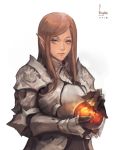  1girl 2018 absurdres armor blue_eyes brown_hair cowter dated elf gauntlets highres lips long_hair looking_at_viewer original pauldrons plate_armor pointy_ears seuyan solo white_background 