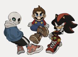  3boys animal_ears animal_nose blue_eyes blue_jacket brown_hair crossover facial_hair furry furry_male gloves grin hat highres hood hoodie jacket male_focus mario mimimi_(mimimim9999) multiple_boys multiple_crossover mustache open_mouth overalls red_eyes sans_(undertale) shadow_the_hedgehog shirt shorts skeleton smile sonic_(series) super_mario_bros. teeth undertale unworn_hat unworn_headwear white_gloves 