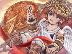  1boy angel angel_wings bare_shoulders blue_eyes brown_hair collarbone crown feathered_wings fingerless_gloves food fur_trim gloves highres holding kid_icarus kid_icarus_uprising looking_at_object male_focus open_mouth pale_skin pit_(kid_icarus) short_hair sitting suruga_kanade wings 