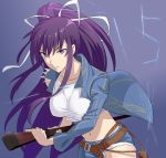  1girl blue_jacket blue_pants breasts collarbone floating_hair grey_background hair_between_eyes hair_ribbon high_ponytail holding holding_sheath jack-barro jacket kanzaki_kaori large_breasts long_hair long_sleeves midriff navel open_clothes open_jacket pants purple_hair ribbon sheath shiny shiny_hair simple_background solo stance stomach to_aru_majutsu_no_index torn_clothes torn_pants unsheathing very_long_hair violet_eyes white_ribbon white_tank_top 