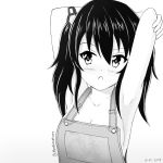  1girl arlly_radithia armpits arms_up bangs bare_arms bare_shoulders blush breasts cleavage collarbone dated frown gradient gradient_background grey_background greyscale hair_between_eyes hair_ornament long_hair looking_at_viewer monochrome original overalls small_breasts solo twitter_username upper_body white_background 