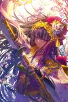  1girl arm_up bangs character_request commentary_request destiny_child fingerless_gloves floral_print flower gauntlets gloves hair_ornament half-closed_eyes headdress highres japanese_clothes katana kimono leaf long_hair looking_to_the_side obi open_mouth petals purple_hair sash sheath solo sword tassel tsukioka_tsukiho very_long_hair violet_eyes weapon wide_sleeves wind wind_lift wolf 
