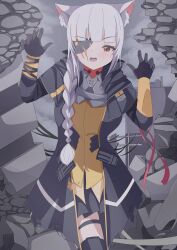 1girl braided_ponytail cat_ears cat_pose girls_frontline long_hair m16a1_(boss)_(girls'_frontline) m16a1_(girls_frontline) ruins