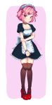  1girl :/ alternate_costume animal_band_legwear apron bell blush brown_legwear cat_band_legwear collarbone commentary cryingrobot doki_doki_literature_club english_commentary enmaided eyebrows_visible_through_hair eyes_visible_through_hair full_body hair_ribbon high_heels highres jingle_bell looking_at_viewer maid maid_headdress pink_background pink_eyes pink_hair puffy_short_sleeves puffy_sleeves red_ribbon ribbon ribbon_trim short_hair short_sleeves simple_background solo thigh-highs two_side_up v-shaped_eyebrows waist_apron wrist_cuffs 