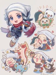  >_< >o< :3 akari_(pokemon) blue_eyes blue_hair chibi chibi_only cyndaquil galaxy_expedition_team_survey_corps_uniform head_scarf heart holding holding_poke_ball looking_at_viewer pale_skin piplup poke_ball poke_ball_(legends) pokemon pokemon_legends:_arceus rapidash red_scarf rowlet sash scarf shinx sparkle starly suruga_kanade white_head_scarf x3 