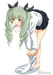  1girl anchovy anzio_school_uniform bangs bent_over black_belt black_ribbon black_skirt buchikaki commentary dress_shirt dressing drill_hair eyebrows_visible_through_hair food food_in_mouth full_body girls_und_panzer green_hair hair_ribbon highres long_hair long_sleeves looking_at_viewer miniskirt mouth_hold pantyhose pantyhose_pull pleated_skirt pulled_by_self red_eyes ribbon school_uniform shirt simple_background skirt solo standing toast toast_in_mouth twin_drills twintails twitter_username white_background white_legwear white_shirt 