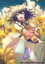  1girl :d animal_ear_fluff animal_ears atelier_(series) atelier_resleriana black_hair blue_sky bug bug_hunting butterfly butterfly_net cat_ears cat_girl clouds commentary_request copyright_notice cowboy_shot day detached_sleeves dress earrings field floating_hair flower flower_field hand_net holding holding_butterfly_net izana_kokoschka jewelry long_hair long_sleeves looking_at_viewer open_mouth outdoors pink_dress second-party_source sky smile solo standing sunflower sunflower_field umiu_geso yellow_flower 