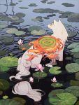  amaterasu animal animal_ears commentary english_commentary fire flower jiayue_wu lily_(flower) lily_pad looking_to_the_side nature no_humans ookami_(game) outdoors partially_submerged reflector_(ookami) ripples shield water white_fur wolf wolf_ears 