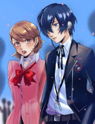  1boy 1girl arms_behind_back belt black_jacket black_ribbon blue_hair blue_sky blurry blurry_background blush bow bowtie breasts brown_eyes brown_hair cardigan choker collarbone collared_shirt commentary_request dark_blue_hair digital_media_player earphones earrings falling_petals gekkoukan_high_school_uniform hair_over_one_eye heart heart_choker height_difference highres jacket jewelry long_sleeves looking_at_another loose_bowtie neck_ribbon nunsan99 open_clothes open_jacket open_mouth outdoors persona persona_3 petals pink_cardigan pink_petals red_bow red_bowtie ribbed_cardigan ribbon school_uniform shirt short_hair sky stud_earrings sweatdrop swept_bangs takeba_yukari white_choker white_shirt yuuki_makoto_(persona_3) 