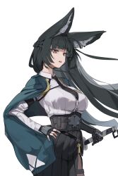  1girl absurdres animal_ears black_gloves black_hair black_pantyhose blunt_bangs braid breasts commentary english_commentary fingerless_gloves fox_ears frown gloves gya_rb hand_on_own_hip highres holding holding_sword holding_weapon hoshimi_miyabi katana large_breasts long_hair necktie open_mouth pantyhose pleated_skirt red_eyes sheath sheathed simple_background skirt solo sword teeth variant_set weapon white_background zenless_zone_zero 